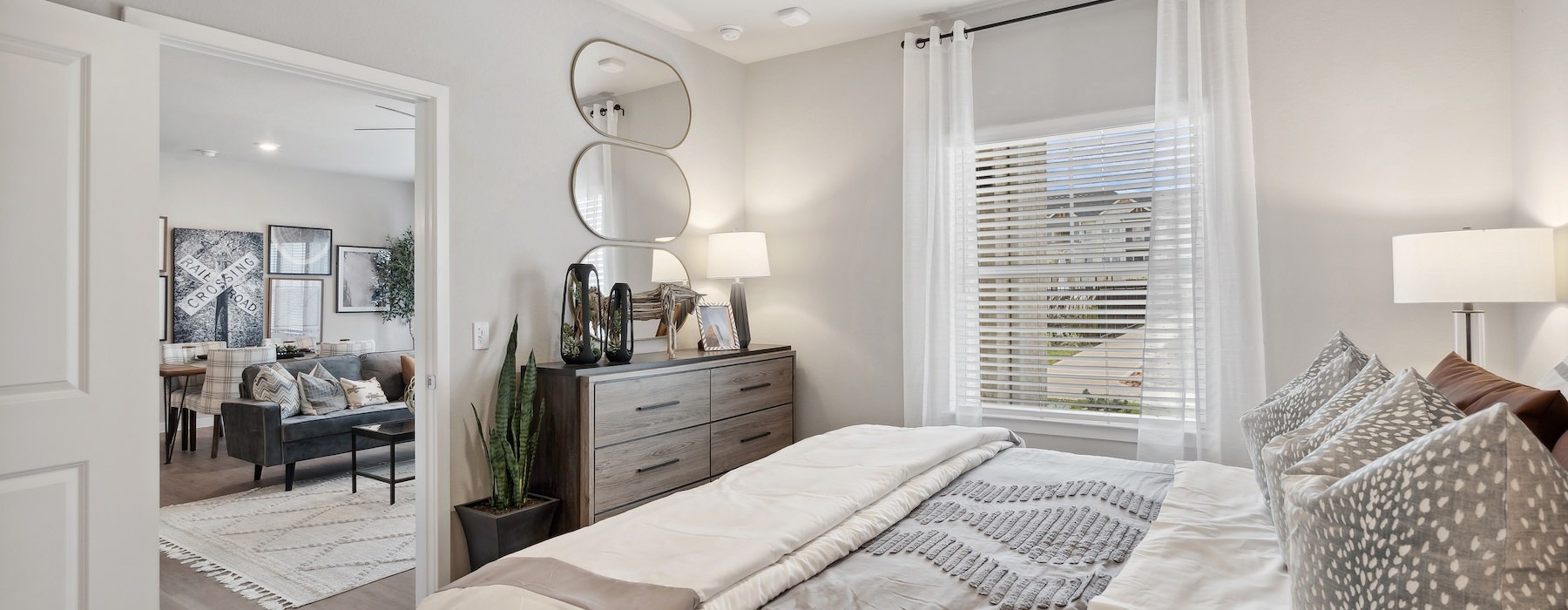 bedroom with view to living room