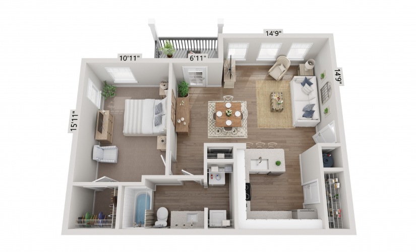 A1 one bedroom floor plan at Comal Crossing at Creekside in New Braunfels, TX