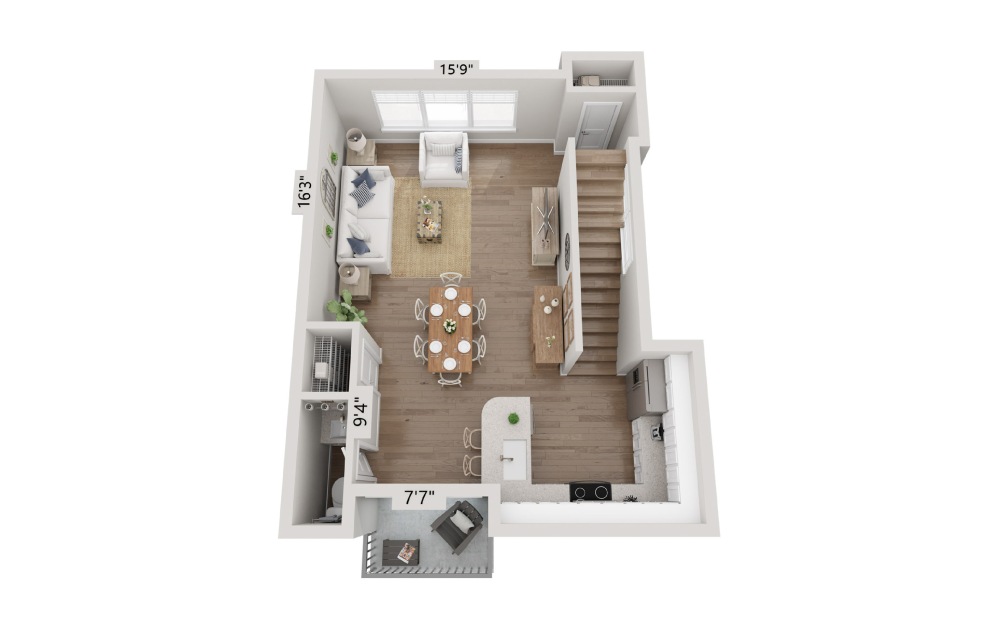 A3 Townhome - 1 bedroom floorplan layout with 1.5 bathroom and 958 square feet (Floor 1)