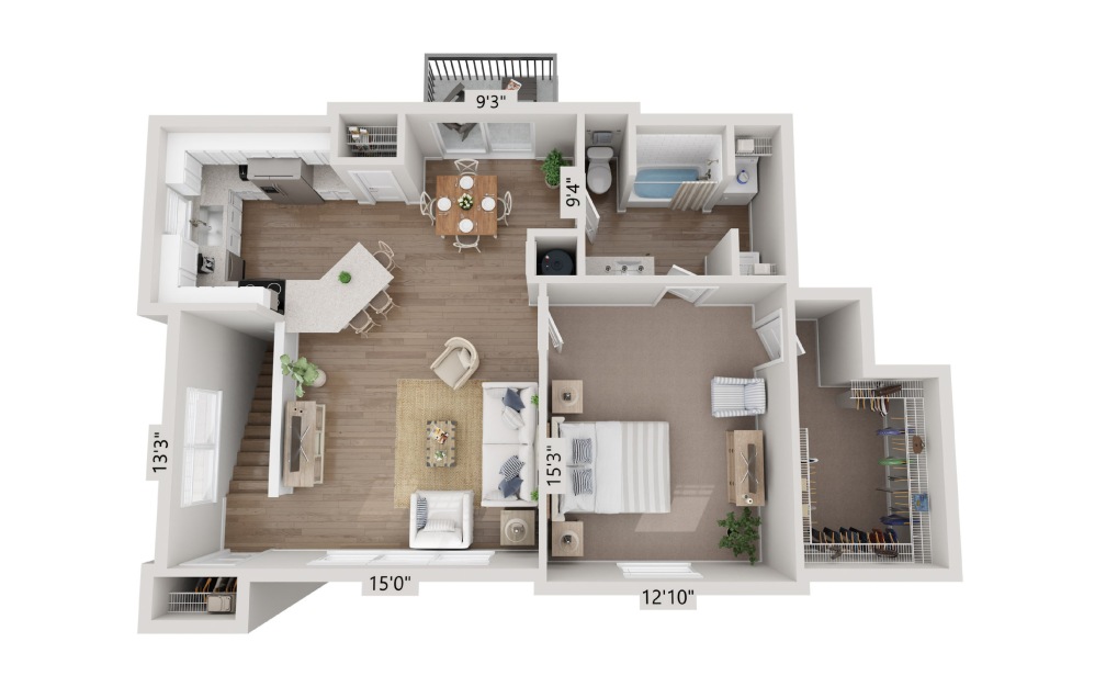 A4 Townhome - 1 bedroom floorplan layout with 1 bathroom and 966 square feet (Floor 1)