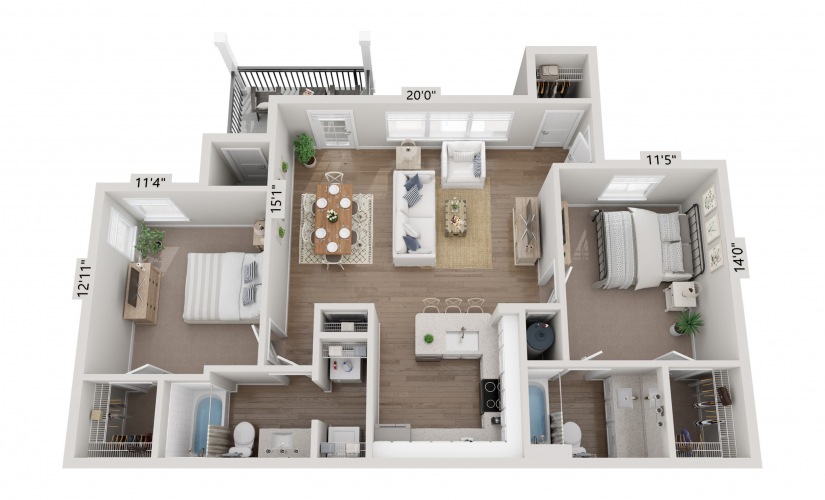 B1 two bedroom floor plan of a New Braunfels apartment at Bainbridge Creekside
