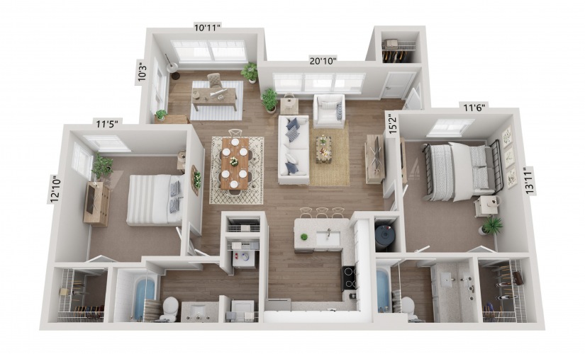 B2 two-bedroom floor plan of a Comal Crossing at Creekside apartment in New Braunfels, TX