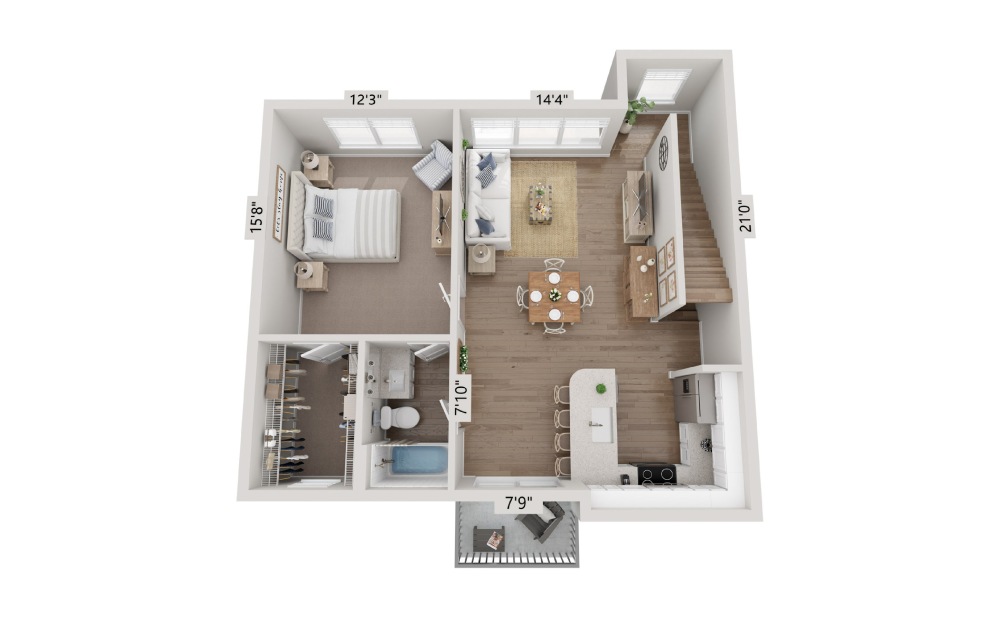 B3 Townhome - 2 bedroom floorplan layout with 2 bathrooms and 1246 square feet (Floor 1)