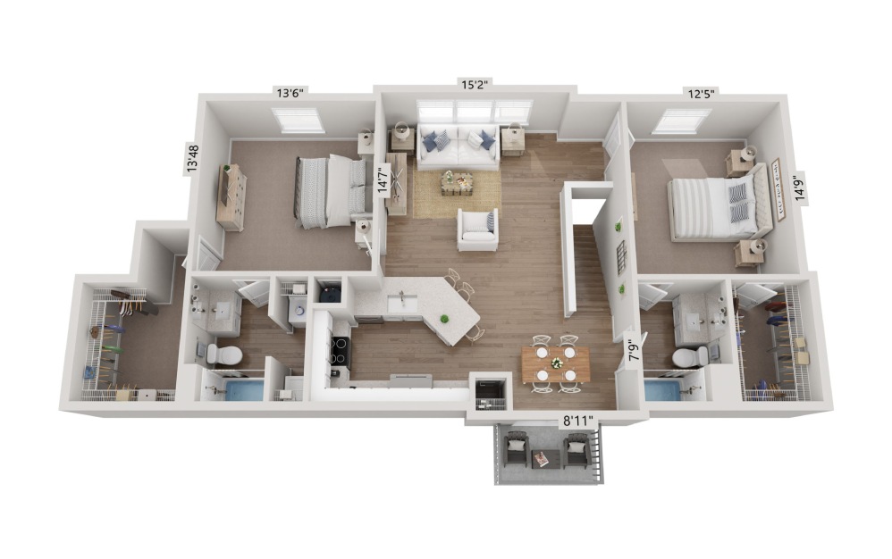 B5 Townhome - 2 bedroom floorplan layout with 2 bathrooms and 1267 square feet (Floor 1)